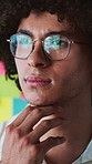 Sticky note, thinking or man with glasses for creativity, design ideas or execution plan for brand logo. Reflection, trend insight or designer with project development, contemplate or problem solving
