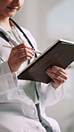 Tablet, stylus and hands of doctor in hospital for research on medical diagnosis or treatment planning. Technology, professional and healthcare worker with communication for telehealth in clinic.
