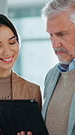 Happy, team and discussion with tablet, office and financial planning with info on website or online. Corporate, wealth manager and people with tech for business development, flare and collaboration