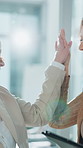 Team, high five and women with tablet, office and financial planning with info on website or online. Excited, wealth manager and celebration for business development, flare and performance review