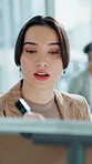Presentation, writing or manager with staff for business planning, budget strategy or brainstorming. Project management, whiteboard or woman with team in meeting, finance discussion or sharing ideas 