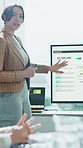 Business woman, monitor and meeting with screen for statistics, analytics or performance review. Female person, speaker or coach with team or presentation for marketing graph, chart or company data