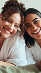 Hotel bed, face and women with spa retreat holiday, wellness trip or luxury getaway for bonding. Friends reunion, portrait or happy people with vacation at health resort, smile or laugh at funny joke