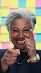 Business woman, face and sticky note with pointing for startup choice or career opportunity. Mature, creative person and portrait with decision for project management option and finger gesture to you