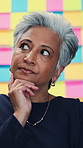 Business woman, thinking and sticky note in office for startup opportunity or career development. Mature, creative person and ideas with brainstorming for project management and problem solving