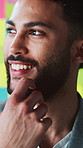 Sticky note, thinking or man with smile for creativity, design ideas or execution plan for brand logo. Reflection, trend insight or designer with project development, contemplating or problem solving