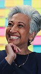 Business woman, thinking and celebration with sticky note in office for startup or career development. Mature, creative person and excited with brainstorming for project management or problem solving
