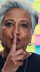 Business woman, face and shush with sticky note for startup secret or career mystery. Mature, creative person and confidential ideas with gossip for finger gesture, project management or private info