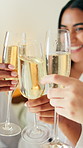 Cheers, happy and woman in hotel with champagne, bonding and congratulations on bachelorette trip. Smile, friends and bridesmaid at resort with toast, sparkling wine or celebration at bridal shower.