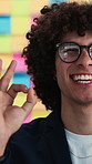 Creative man, face and hand gesture with sticky note for startup opportunity, approval or career development. Smile, business person and promotion with portrait for project management and solution