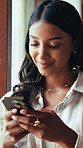 Thinking, phone and woman by window with contact, social media or connectivity on mobile app. Technology, reflection and female person with cellphone for chatting, texting or communication in house.