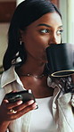 Coffee, phone and woman by window with contact, social media or connectivity on mobile app. Technology, relax and female person drinking warm beverage with cellphone for communication in apartment.