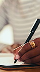 Woman, hands and writing in home with journal for planning goals, creative idea and mental clarity. Daily reflection, notes or person in house with diary for self improvement, inspiration or insight.