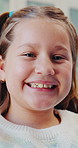 Face, teeth and happy child with dental wellness, oral care and gum health with patient in clinic. Portrait, tooth and girl with hygiene for fresh breath, orthodontics checkup and medical appointment