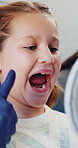 Inspection, mouth and mirror with child at dentist office for oral hygiene, teeth whitening and cleaning. Dental appointment, gum health and checkup with people for consulting and orthodontist