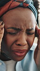 Headache, stress and tension with black woman in design office for pain relief or temple massage. Anxiety, burnout and migraine with African designer at work for small business or startup pressure