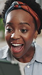 Surprise, woman and happy with tablet in home for gambling bonus, winning lottery and good news. Excited, black person and laughing with tech in apartment for competition deal and online casino prize