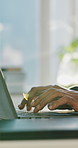 Hands, laptop and typing at office, report and investment portfolio at asset management company. Person, broker or financial advisor with computer, review or feedback with online consulting at agency