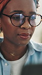 Remote work from home, glasses and black woman with laptop, internet and website information. Freelancer, African person and journalist with eyewear, reflection and email notification with research