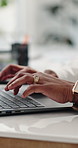 Hands, laptop and typing at office, review and investment portfolio at asset management company. Person, broker or financial advisor with computer, report or feedback with online consulting at agency