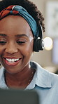 Black woman, talk and headset with laptop at call centre for customer service, helping client and crm. Smile, female agent and consulting for online inquiry, virtual assistance and advice for telecom