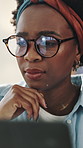 Remote work, glasses and black woman with laptop, thinking and website information. Freelancer, African person and journalist with eyewear, reflection and home with research, decision and solution