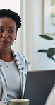 Laptop, financial advisor and black woman in meeting, talking and communication for trading portfolio. Person, investor and agent in office, conversation and feedback for profit increase and email