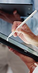 Hands, tablet pen and business person in meeting, writing and electronic signature for finance. Technology, stylus and advisor with team in office for planning, investment review or research closeup