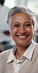 Happy, creative and face of business woman in office for about us, confidence and journalism career. Media agency, portrait and mature person with smile for managing editor, publishing or copywriting