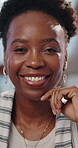 Smile, professional and face of business black woman in office for pride, account manager and confidence. Happiness, about us and portfolio advisor with portrait of person in agency for opportunity