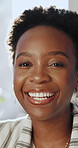 Happy, business and face of black woman in office with confidence, pride and laugh for finance career. Professional, corporate and portrait of worker smile for financial advisor, job and about us