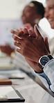 Clapping hands, documents and business people in office with meeting for teamwork achievement. Applause, collaboration and group of financial advisors with celebration for investment approval.