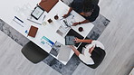 Above, tablet and team with business people in meeting for planning, budget discussion or documents. Account analysis, risk management and collaboration with employees and tech in agency for report