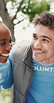 Volunteer, smile or team in park with huddle, motivation or collaboration in eco friendly campaign. Happy, man or woman outdoor with support circle, cooperation or green ngo in earth day project.
