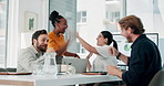 Applause, high five and happy business people in meeting for good news, budget approval or achievement. Corporate, teamwork and workers on computer for investment, financial profit and celebration