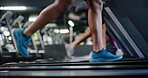 Legs, sneakers and man on treadmill, exercise and fitness with training, cardio and energy. Person, machine and athlete in gym, endurance and health with workout, equipment or steps with footwear