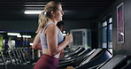 Exercise, gym and woman on treadmill for running, fitness and workout for sports. Cardio machine, training and person in health club for wellness, endurance practice and challenge with energy