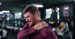 Athlete, man and discomfort of shoulder pain at gym from fitness injury, muscle strain and ache. Male person, cramps and arm inflammation of workout accident, exercise mistake and fibromyalgia sprain