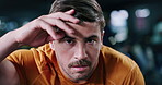Tired, sweating and fitness with face of man in gym for intense workout, cardio challenge and burnout. Fatigue, bodybuilder resting and exercise with exhausted person in sports club for training
