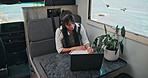 Freelancer, laptop and research with woman in van for digital nomad, travel blog and notebook. Remote worker, holiday journey review and rv campervan guide with person in vehicle for transport