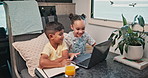 Rv, siblings and kids with laptop, conversation and internet with subscription. Transportation, boy and girl with computer, child development and network with connection, discussion and entertainment