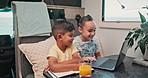 Rv, siblings and kids with laptop, happiness and internet with subscription. Transportation, boy and girl with computer, child development and network with connection, help and entertainment