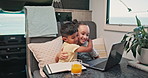 Happy children, siblings and laptop with hug in caravan for entertainment or streaming together. Kids, brother and sister with embrace, book or orange juice on computer for online app or subscription