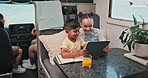 Rv, boy and girl with tablet, watching movie and bonding together with happiness. Transportation, siblings and kids with tech, internet and subscription for cartoon film, social media and connection