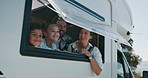 Window, parents or kids in camper van with happy family, sightseeing or talk on vacation. Smile, mother or father with children in motorhome for adventure, travel or road trip in recreational vehicle