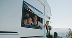RV, window and parents with kids in camper van with happy family, sightseeing or talk on vacation. Smile, mother and father with children in motorhome for adventure, travel or road trip with view