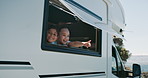 Window, pointing and kids in camper van for road trip, sightseeing or talk on vacation. Happy family, motorhome and children on adventure, travel and view with siblings in recreational vehicle