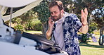 Frustrated man, car problem and phone call with help for road side assistance, guide or repair. Male person, breakdown or talking with mechnical engineer for vehicle trouble, fix or communication