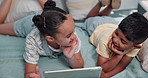 Bedroom, tablet and siblings with smile, talking and digital app for online game. Boy, girl and technology with entertainment, connection and subscription with discussion, internet and social media