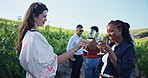 Friends, toast or drinking wine in vineyard with smile for summer holiday, discussion or bonding. Countryside, winery tour or people in nature with alcohol drink for cheers, vacation or conversation.